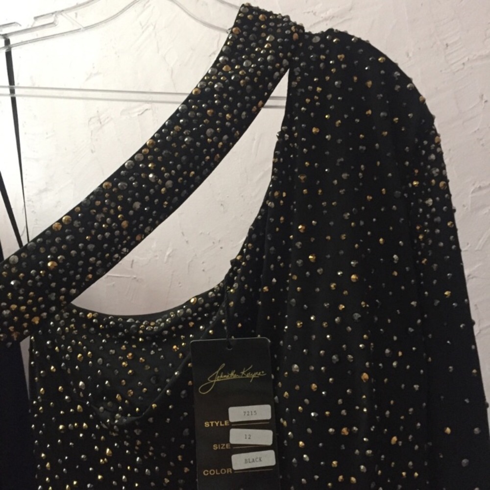 Johnathan Kayne Hand Beaded Asymmetrical Evening Gown Formal Stand Up Collar 12 - Picture 10 of 13